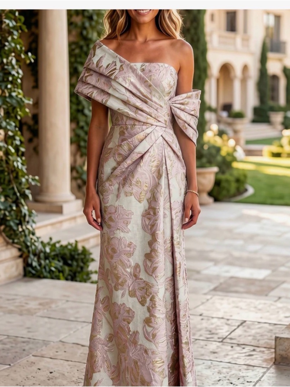 One-Shoulder Floral Jacquard Evening Gown in Blush and Gold
